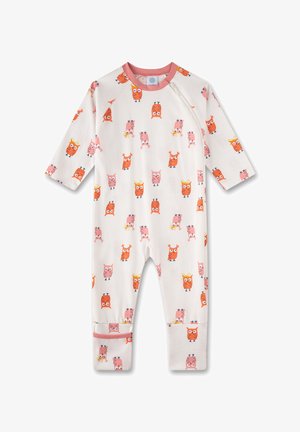 White onesie with pink accents, featuring an owl print in orange and pink. Long sleeves with round neck and zipper closure. Soft texture.
