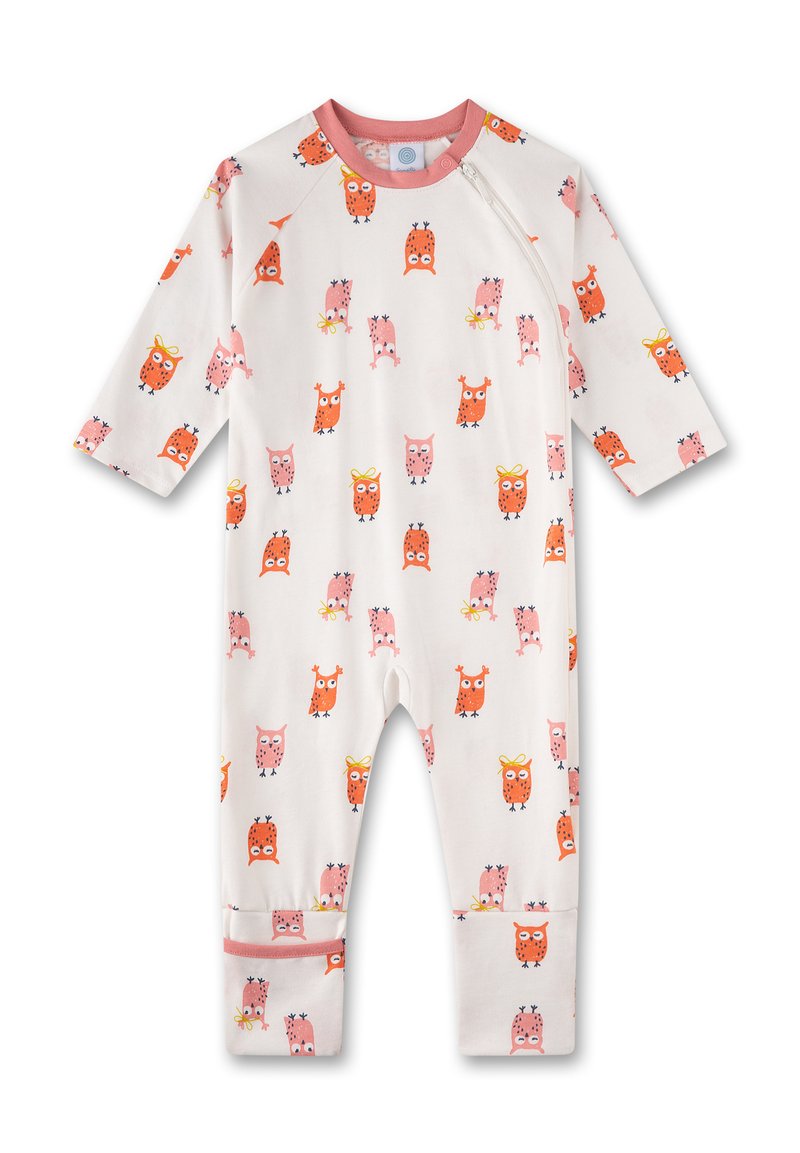 Weißer Overall mit pinken Akzenten, versehen mit einem Eulenmuster in Orange und Pink. Lange Ärmel mit runder Ausschnitt und Reißverschluss. Weiche Textur.