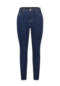 Slim-fit donkerblauwe jeans, gemaakt van denim, met een hoge taille, vijf zakken en contrasterende gele stiksels.