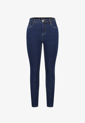 Slim-fit donkerblauwe jeans, gemaakt van denim, met een hoge taille, vijf zakken en contrasterende gele stiksels.