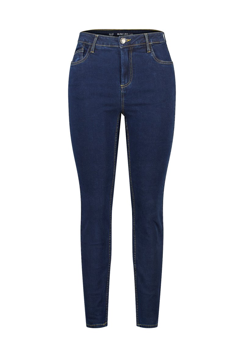 Slim-fit donkerblauwe jeans, gemaakt van denim, met een hoge taille, vijf zakken en contrasterende gele stiksels.