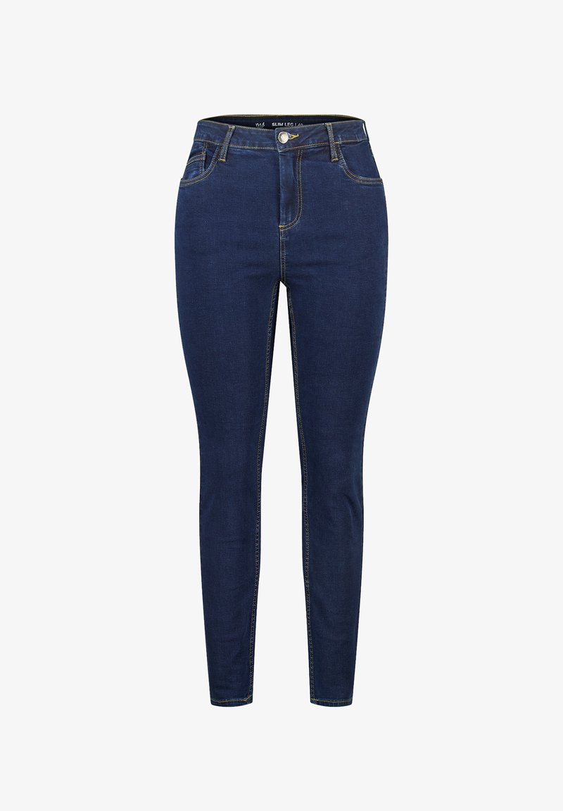 Slim-fit donkerblauwe jeans, gemaakt van denim, met een hoge taille, vijf zakken en contrasterende gele stiksels.