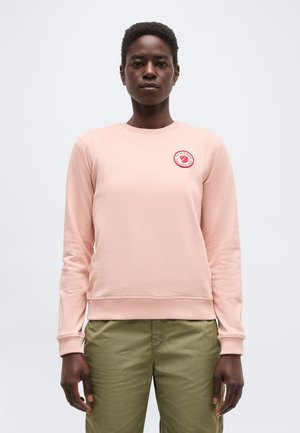 Oseba s kratkimi lasmi, oblečena v svetlo roza majico s kapuco z rdečim okroglim logotipom in olivno zelenimi hlačami, stoji na enobarvni podlagi.