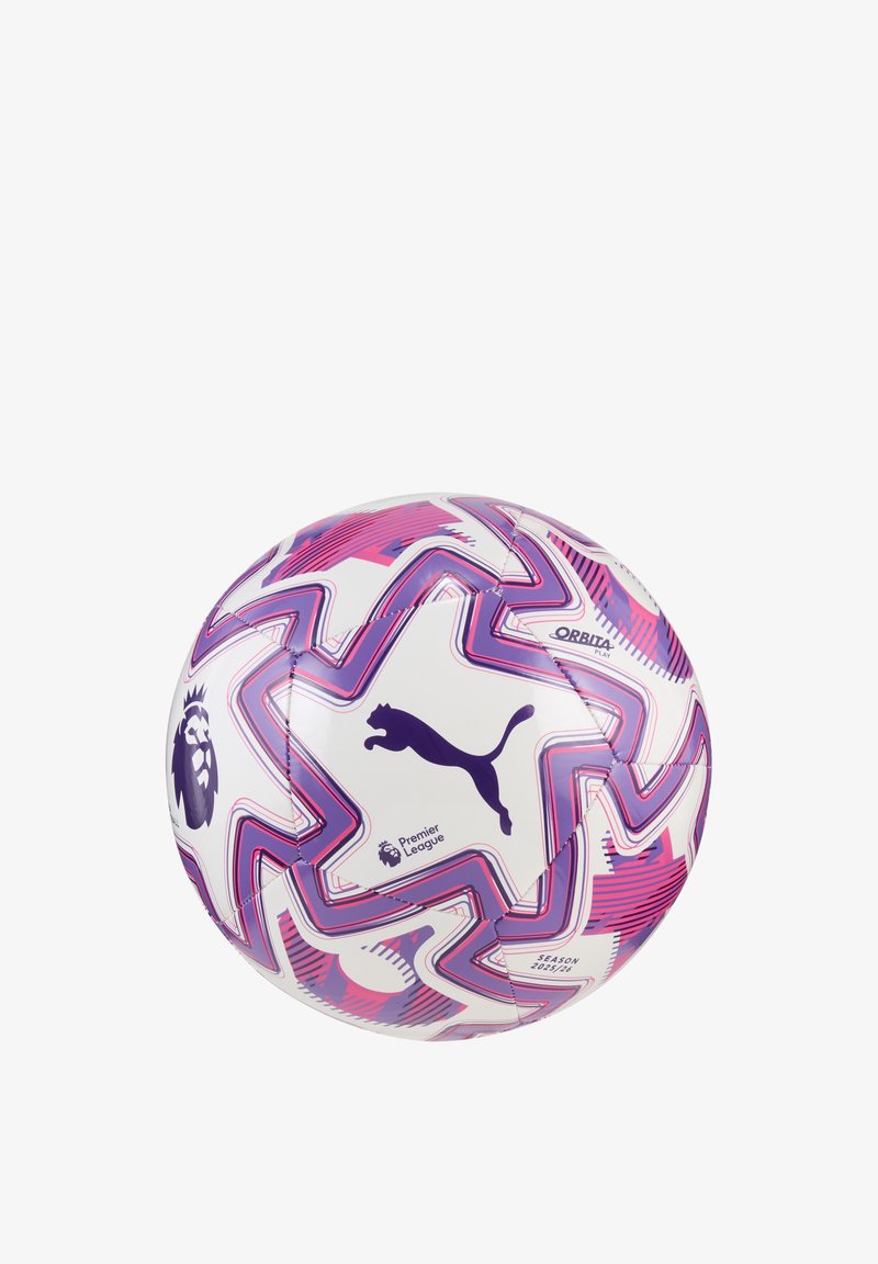 Puma-jalkapallo, jossa on valkoinen suunnittelu ja purppuran värisiä sahalaita-kuvioita, Valioliigan logo ja teksturoitu pinta parannetun pidon saavuttamiseksi.