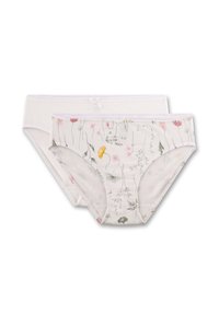 Twee vrouwen katoen slipjes, één effen wit en één wit met een kleurrijke bloemen- en vlinderprint, elk met een klein strikje op de tailleband.