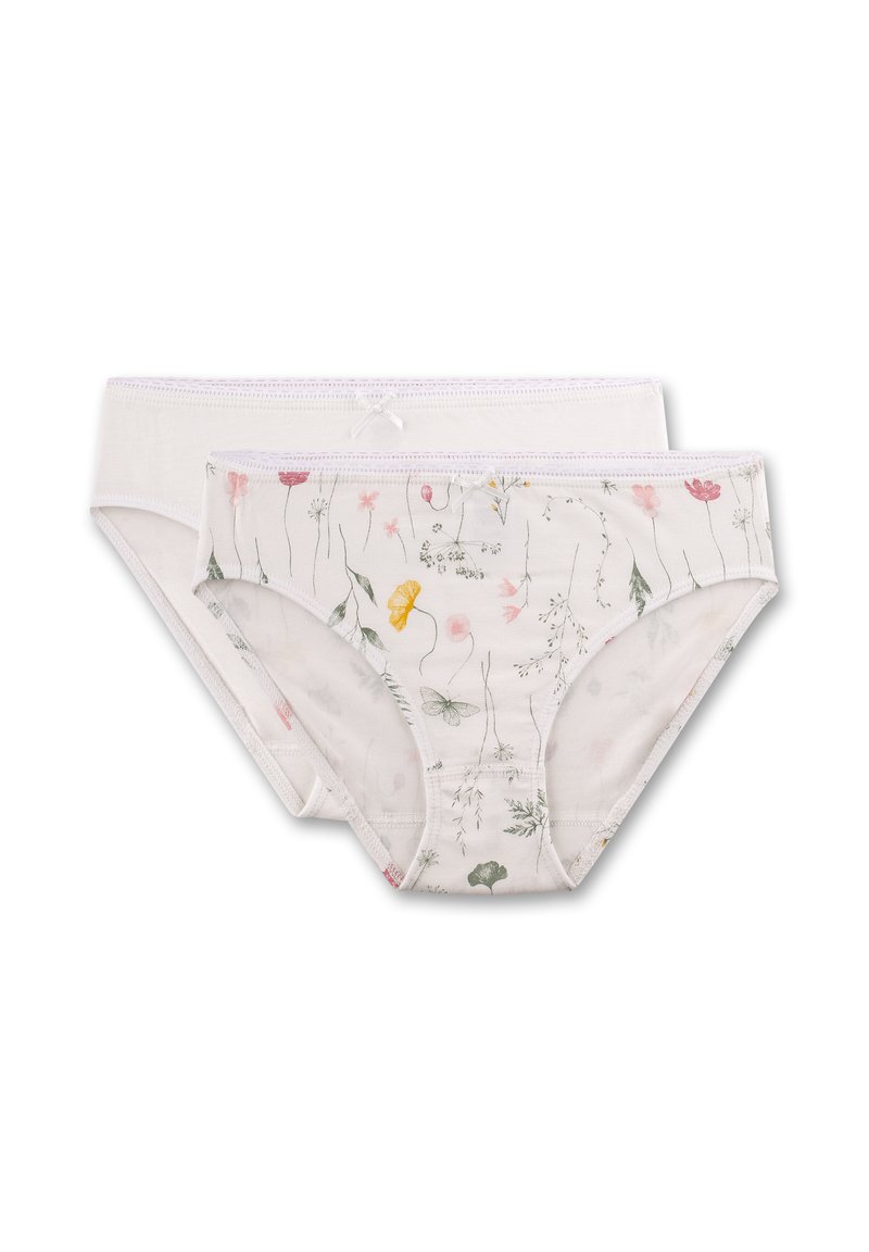 Twee vrouwen katoen slipjes, één effen wit en één wit met een kleurrijke bloemen- en vlinderprint, elk met een klein strikje op de tailleband.