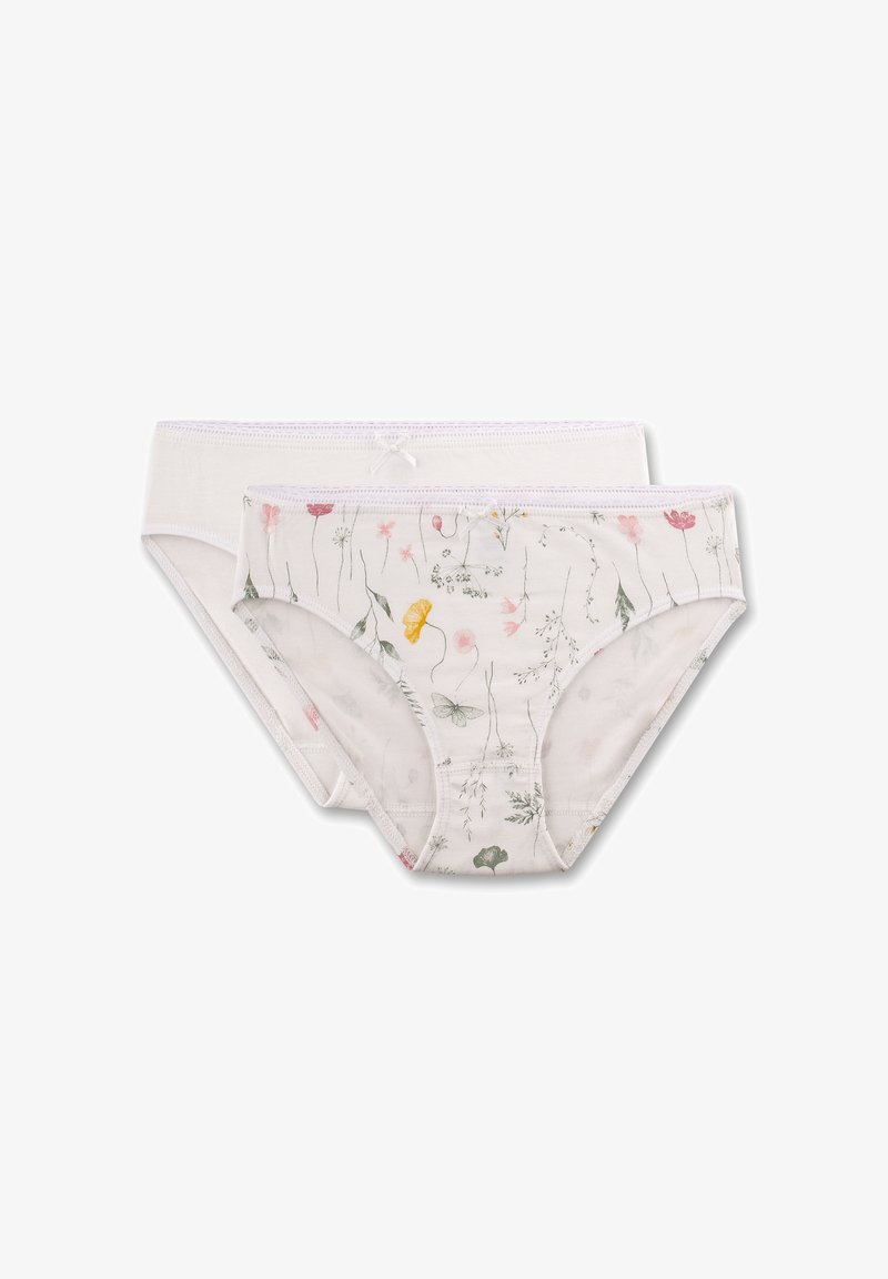 Zwei Damen-Cotton-Slips, einer einfarbig weiß und der andere weiß mit buntem Blumen- und Schmetterlingsdruck, jeweils mit einer kleinen Schleife am Bund.