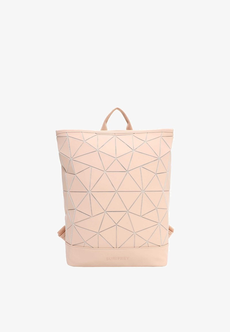 Sac à dos rose clair à motifs géométriques avec des formes triangulaires et une poignée supérieure, présenté sur un fond blanc.