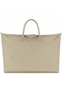 Sac fourre-tout beige en tissu lisse, avec deux poignées robustes et une fermeture éclair. Dispose d'une poche avant avec rabat et d'un discret logo en relief.