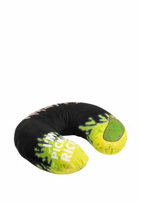 Neck pillow in black and neon green with printed graphics. Features a curved U-shape, soft texture, and bold text: "I'M PICKLE RICK."