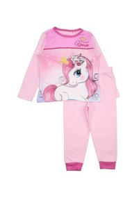 Ensemble de pyjama sur le thème des licornes roses comprenant un haut à manches longues avec un design de licorne imprimé et un pantalon rose assorti avec des poignets élastiques.