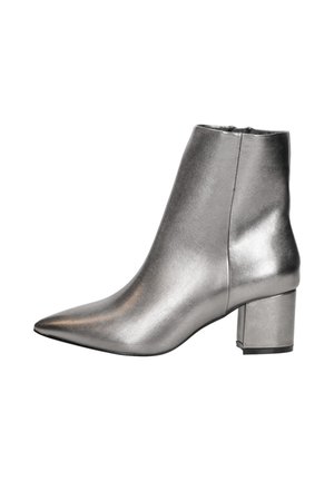 Metallic silver ankle boot with a pointed toe and block heel. Smooth texture with a minimalistic design and a side zipper for closure.