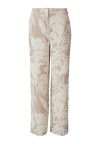 Lichtbeige wijde broek met een subtiel wit bladerenpatroon en een gladde textuur, met een nette tailleband en geen zichtbare sluitingen.