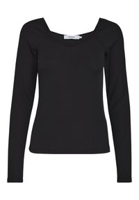 Zwarte langemouwen top met een geribbelde textuur, vierkante halslijn en subtiele naaddetails. Gemaakt van rekbare stof voor extra comfort.