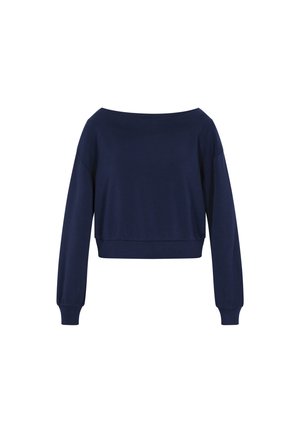 Felpa cropped blu navy con maniche lunghe a palloncino, scollatura off-the-shoulder e tessuto liscio ed elasticizzato. Design semplice, senza motivi.