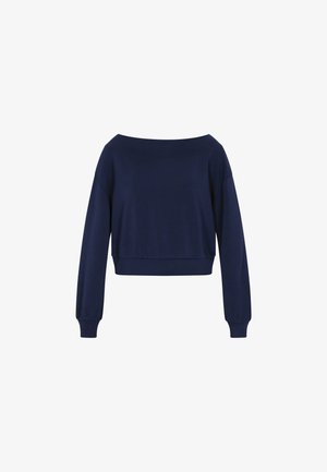 Felpa cropped blu navy con maniche lunghe a palloncino, scollatura off-the-shoulder e tessuto liscio ed elasticizzato. Design semplice, senza motivi.