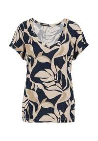 T-Shirt mit kurzen Ärmeln und V-Ausschnitt, das einen marineblauen Hintergrund mit beigen Blättermustern aufweist. Hergestellt aus einem weichen, leichten Stoff mit lockerer Passform.
