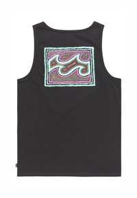 Canottiera nera con un design a motivo sulla schiena in rosa, viola e verde menta all'interno di un contorno rettangolare. Tessuto con una texture liscia.
