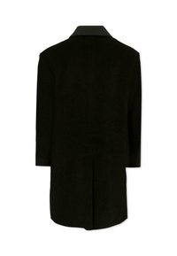 Cappotto nero in lana con un design strutturato, colletto a punte e maniche di lunghezza media. Presenta una parte posteriore pulita senza chiusure visibili o motivi.