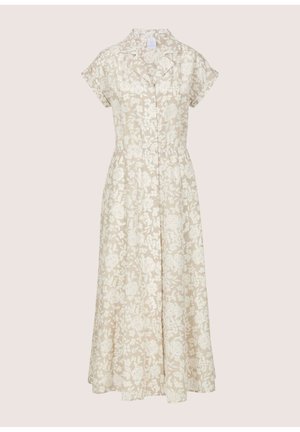 Beige midi-jurk met wit bloemmotief, korte mouwen, knoopsluiting aan de voorkant, kraag en een getailleerde taille.