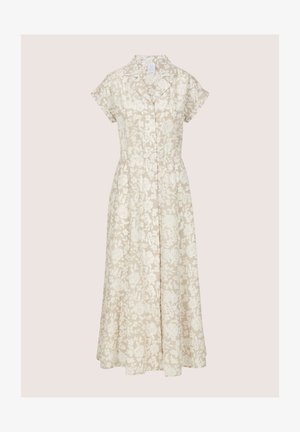 Beige midi dress with white floral pattern, short sleeves, button-down front, collar, and cinched waist.