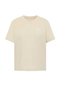 Beige cotton t-shirt with a round neckline and short sleeves. Features a small shell logo in white on the chest. Simple, relaxed fit.