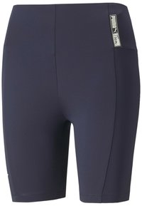 Marina blå sportshorts i elastisk tyg, med en åtsittande design, slät yta och en logotags på midjebandet.