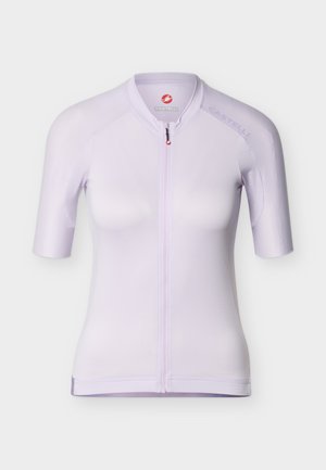 Světlofialový krátký cyklistický dres s krátkým rukávem, předním zipem, kulatým límcem a logem Castelli na levém rameni a uvnitř límce.