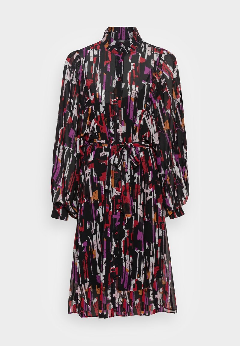 Abito a maniche lunghe in tessuto leggero, con una base nera e motivi astratti in rosso, viola e arancione. Apertura frontale con bottoni e cintura in vita.