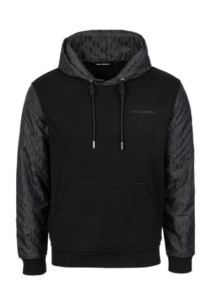Czarna bluza z kapturem z teksturowanymi, wzorzystymi rękawami i kapturem, przednia kieszeń kangurka, sznurki oraz subtelne logo "Karl Lagerfeld" na piersi.