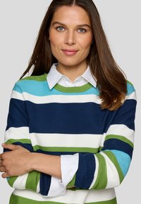 Strickpullover mit blauen, grünen und weißen Streifen; Rundhalsausschnitt; kombiniert mit einem weißen Hemd mit Kragen; strukturierter Stoff und gerippte Bündchen.