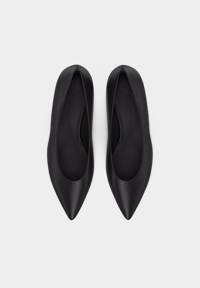 Ζευγάρι μαύρα δερμάτινα μπαλαρίνια με μυτερή μύτη και λείο φινίρισμα, φωτογραφημένα από πάνω πάνω σε απλό γκρι φόντο.