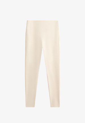 Cremefarbene Leggings aus strukturiertem, geripptem Stoff, mit einem hohen Bund und schmaler Passform. Keine sichtbaren Nähte oder Muster.