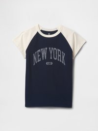 Námornícky modré tričko s krémovými raglánovými rukávmi, s nápisom "NEW YORK" v sivej farbe na hrudi. Bavlnený materiál, voľný strih.