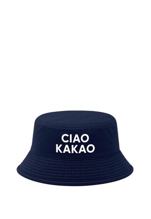 Navy blue bucket hat with white text "CIAO KAKAO" centered on the front, featuring stitched brim and ventilation eyelets.