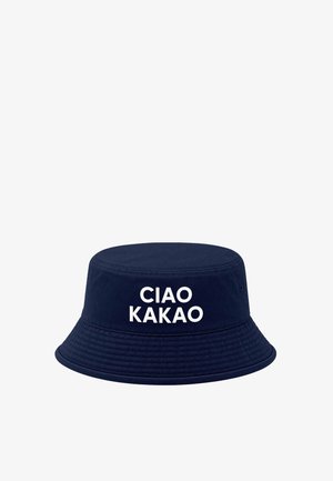 Navy blue bucket hat with white text "CIAO KAKAO" centered on the front, featuring stitched brim and ventilation eyelets.