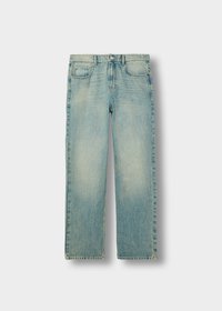 Lyseblå denimjeans med rette ben, som har falmede områder, fem lommer og synlige sømmer. Klassisk metallknap-lukning.