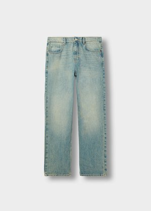 Lyseblå denimjeans med rette ben, som har falmede områder, fem lommer og synlige sømmer. Klassisk metallknap-lukning.