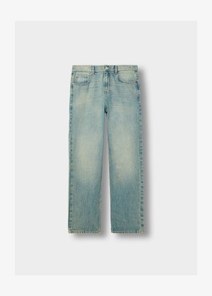 Hellblaue Denim-Jeans mit geradem Bein, mit ausgeblichenen Bereichen, fünf Taschen und sichtbaren Nähten. Klassischer Metallknopfverschluss.