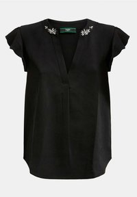 Blouse noire à manches courtes avec décolleté en V et ornements floraux en perles près du col, dotée d'une coupe décontractée et de manches légèrement volantées.