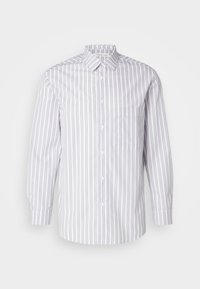 Striped button-up shirt featuring vertical gray and white stripes, long sleeves, a collar, and a chest pocket. Smooth fabric texture.