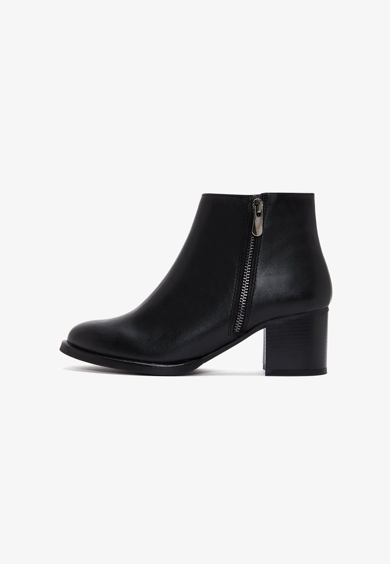 Black leather ankle boot with a side zipper, rounded toe, and a chunky heel. Smooth texture with minimal detailing.