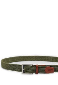 Zielony pleciony pasek wykonany z tkaniny, z metalową srebrną klamrą. Posiada brązowe skórzane akcenty i haftowane detale.