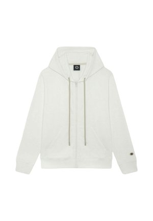 Haut à zip blanc en tissu doux, avec une capuche à cordon, deux poches avant et un détail de logo circulaire sur la manche.