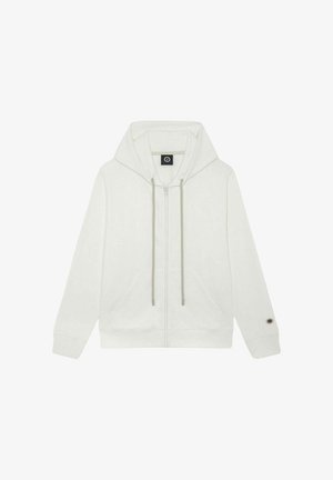 Haut à zip blanc en tissu doux, avec une capuche à cordon, deux poches avant et un détail de logo circulaire sur la manche.