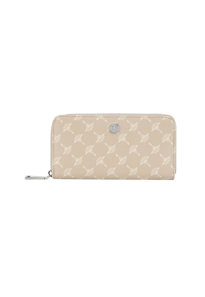 Portafoglio beige con zip in pelle, decorato con un motivo a foglia bianca, presenta un bottone con logo in argento e una linguetta per la zip sul lato.