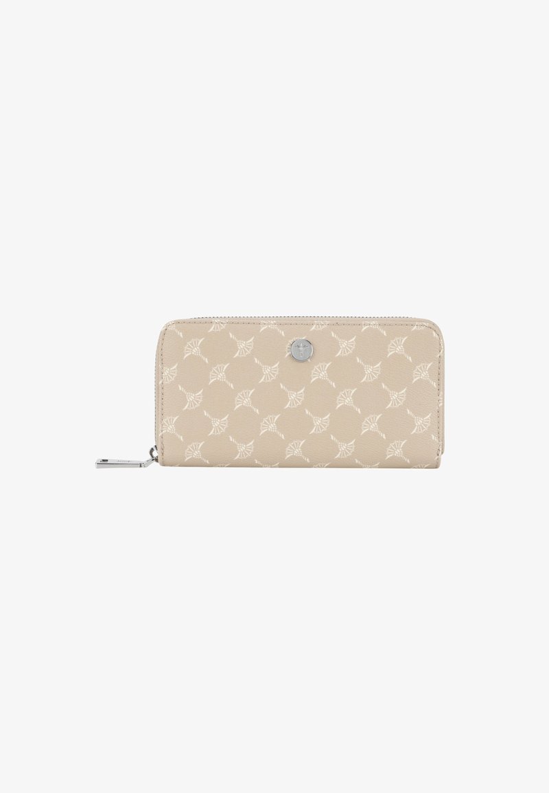 Portefeuille beige en cuir avec un motif de feuilles blanches, présentant un bouton logo en argent et une tirette zippée sur le côté.