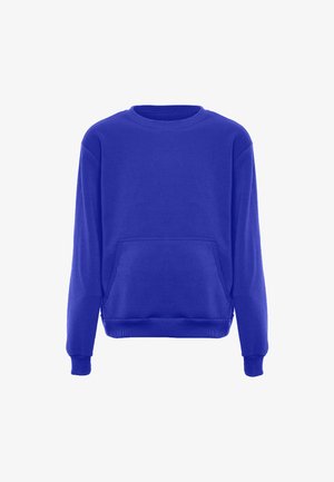 Niebieska bluza z miękkiego materiału, z okrągłym dekoltem, długimi rękawami i przednią kieszenią. Struktura wydaje się gładka i solidna.