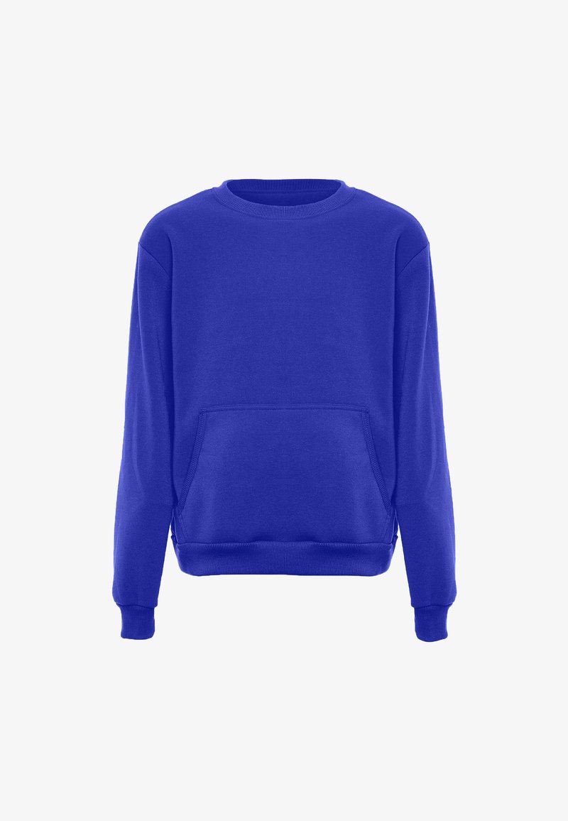 Kék pulóver, puha anyagból készült, kerek nyakkivágással, hosszú ujjakkal és elülső zsebbel. A textúra simának és egységesnek tűnik.