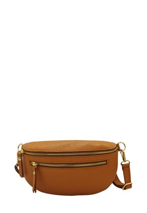 Sac banane en cuir marron avec des zips dorés, forme ovale, un compartiment principal zippé et une poche zippée à l'avant, sangle ajustable.